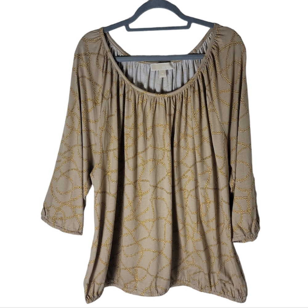 Michael Kors wonen's 3X chain print peasant top tan gold scoop neck plus size